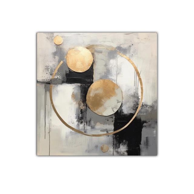 Cuadro abstracto con círculos dorados y tonos neutros