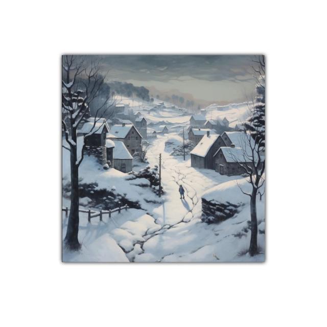 Paisaje nevado con aldea y silueta solitaria en invierno