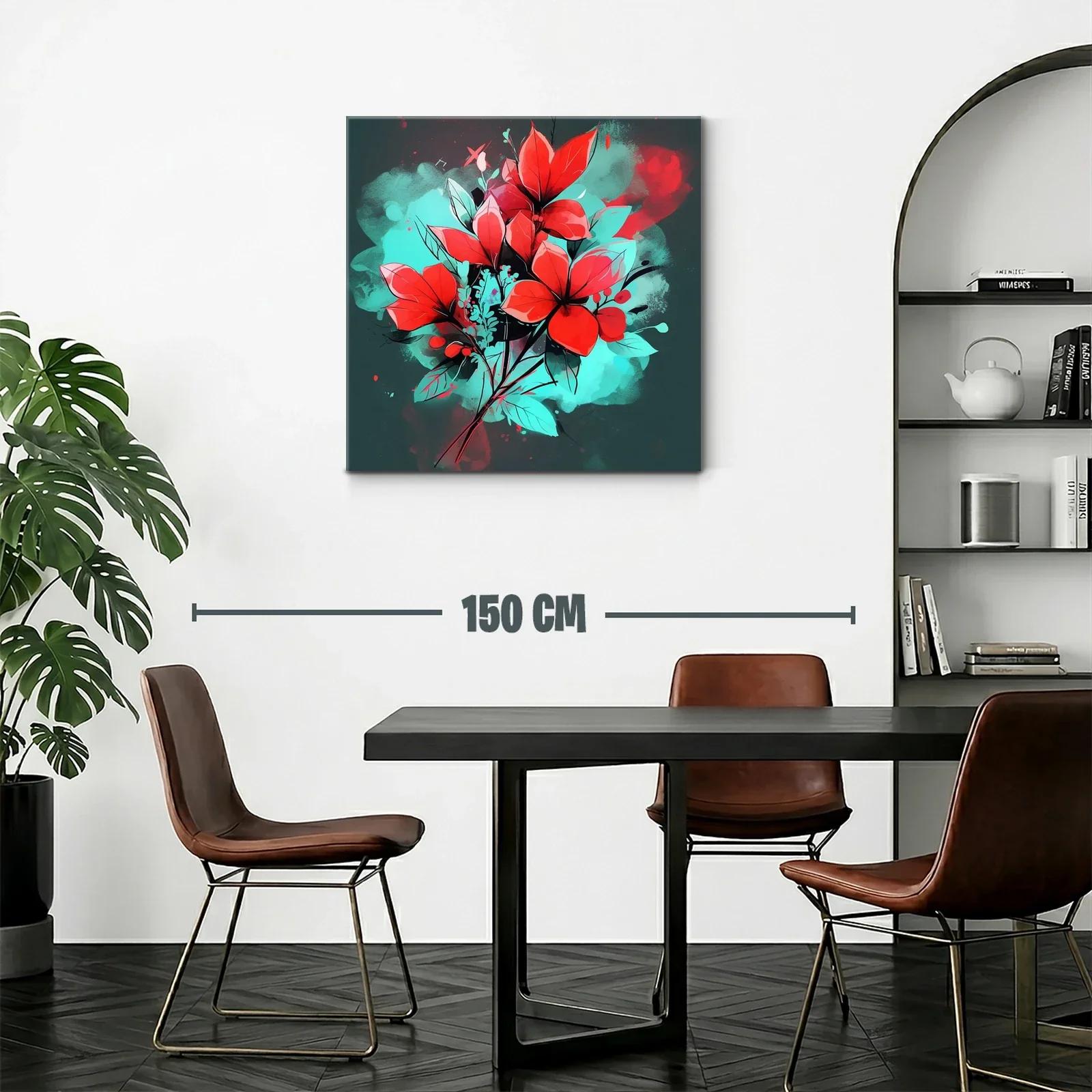 Cuadro floral vibrante con contraste rojo y turquesa — miniatura 2
