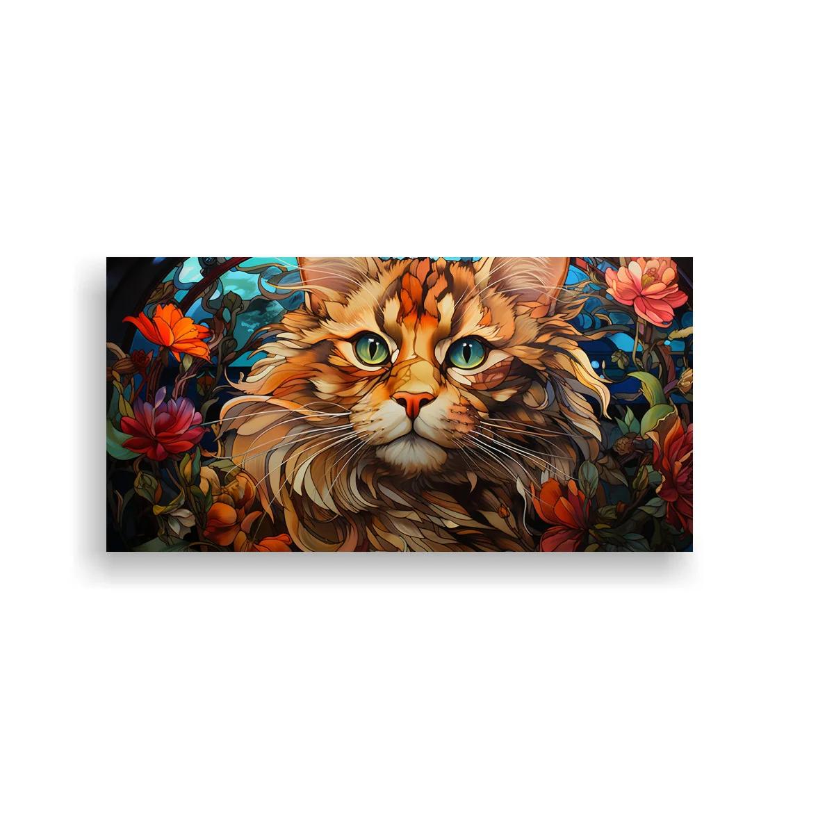 Cuadro gato atigrado de pelo largo entre flores y follaje