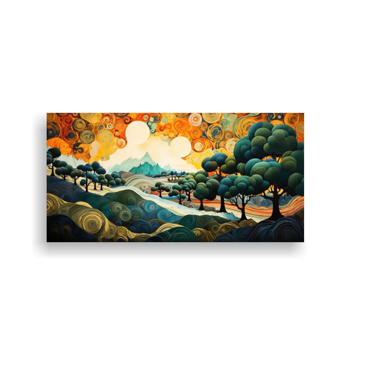 Cuadro paisaje panorámico con árboles y sol — imagen principal