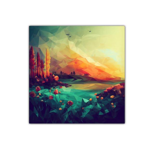 Paisaje geométrico con colores cálidos y vibrantes