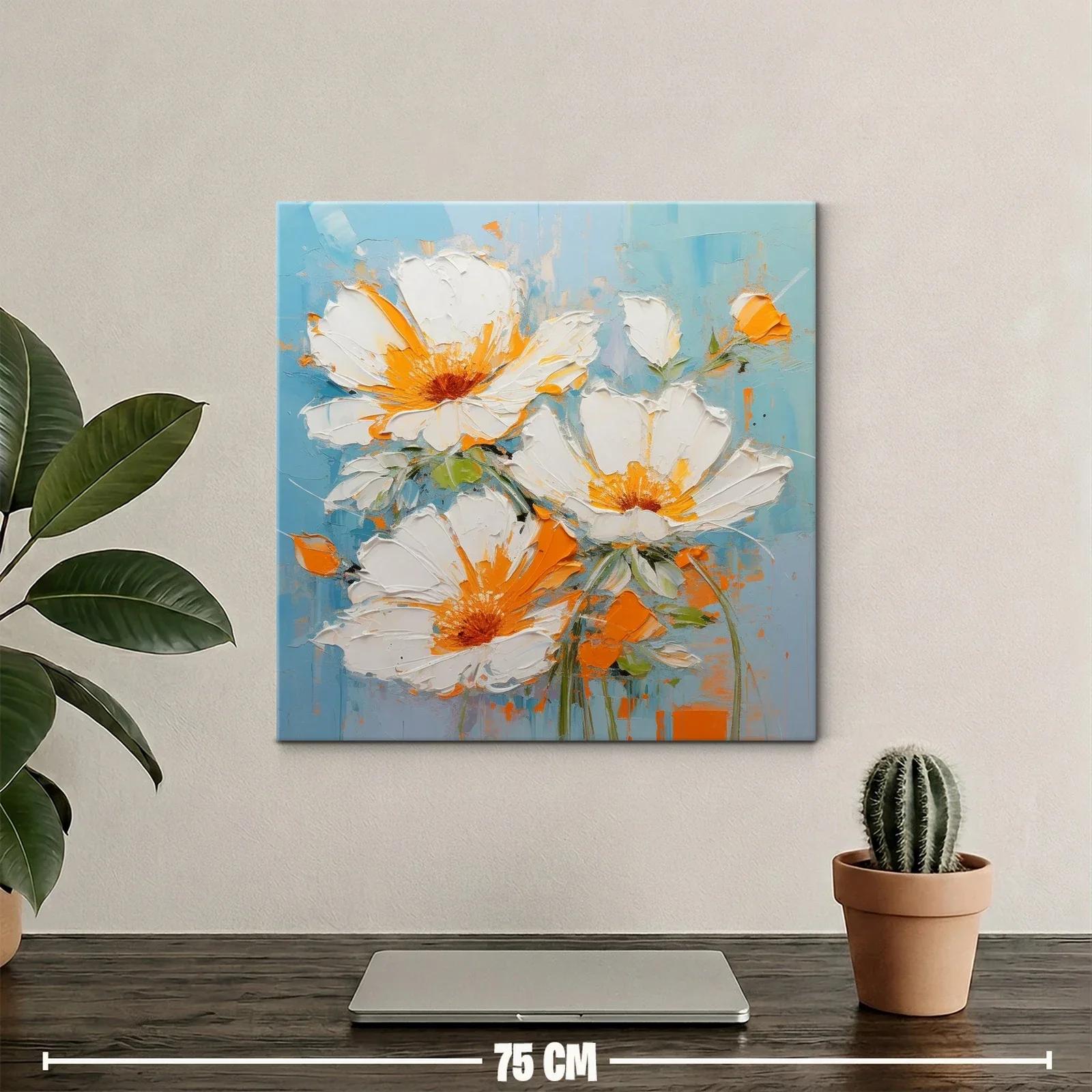 Cuadro con flores blancas y detalles naranjas sobre fondo azul — miniatura 2