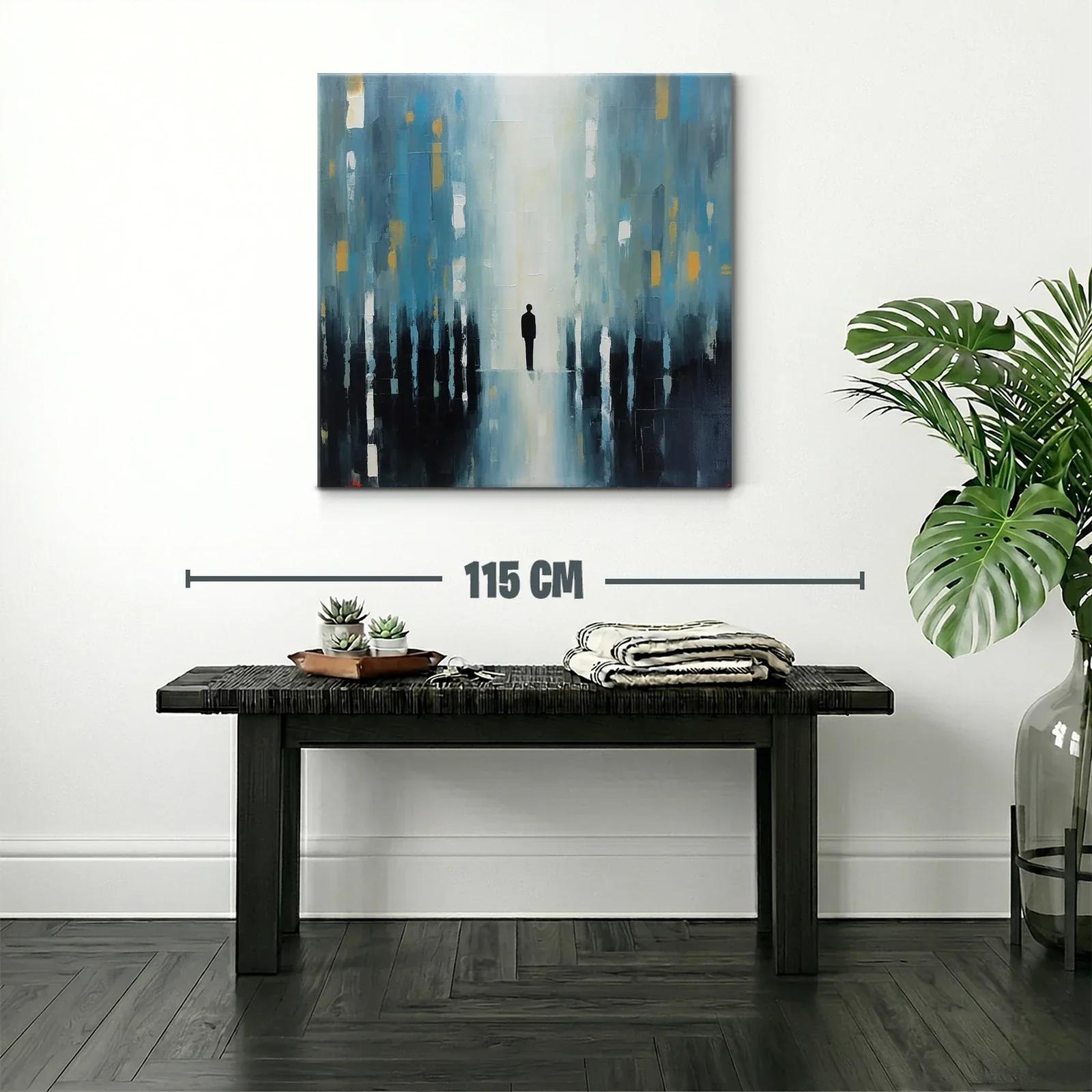 Cuadro abstracto figura solitaria en tonos azules y dorados — miniatura 2