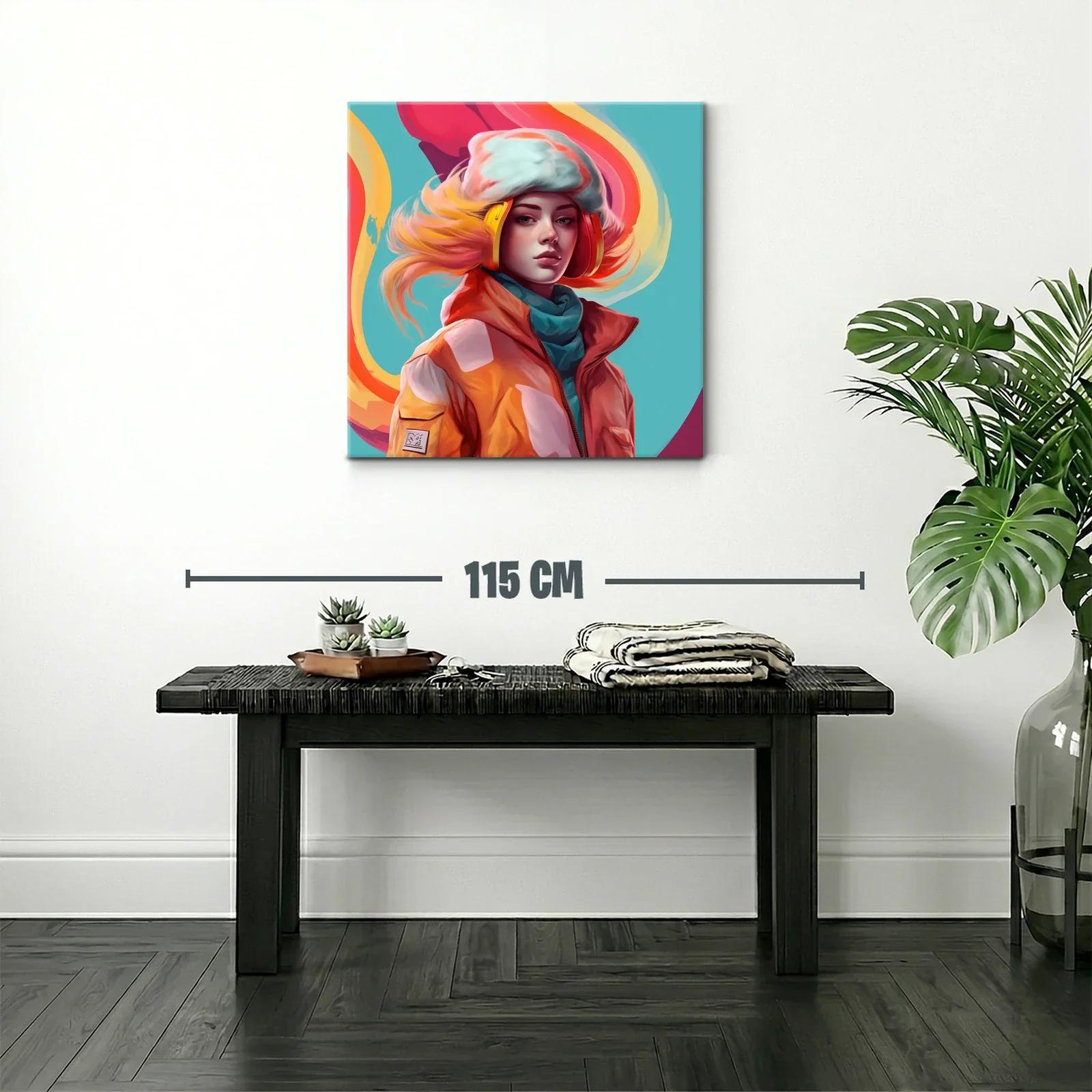 Retrato vibrante de mujer con auriculares y abrigo naranja — miniatura 2