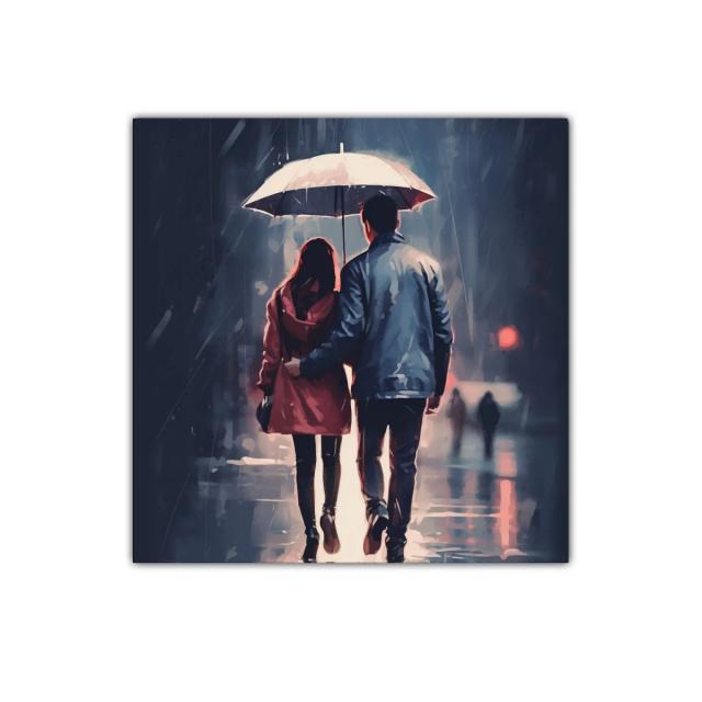 Pareja caminando bajo la lluvia con paraguas blanco