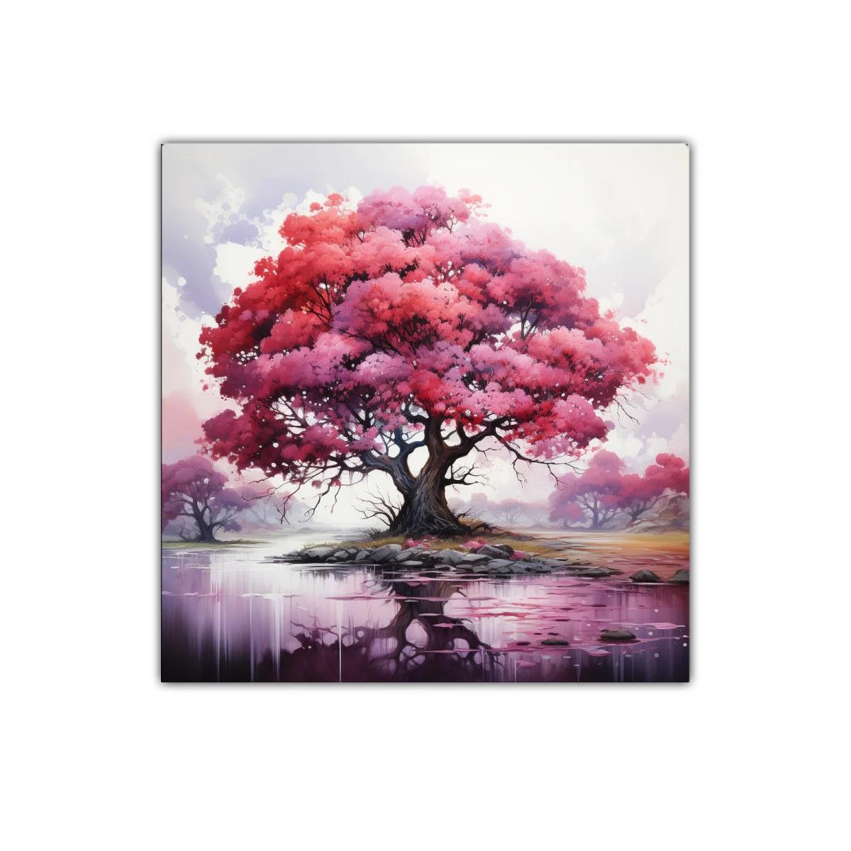 Árbol rosa con reflejo en lago sereno y místico — imagen principal