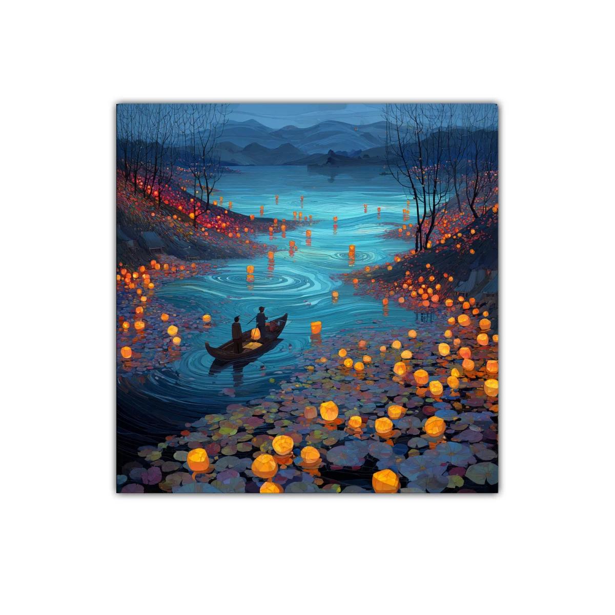 Río iluminado con faroles flotantes al atardecer