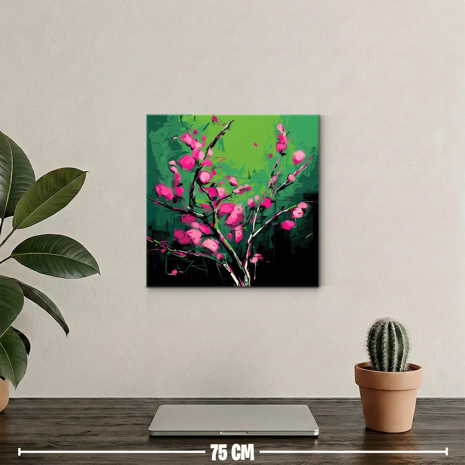 Cuadro vibrante con flores fucsias sobre fondo verde — miniatura 2