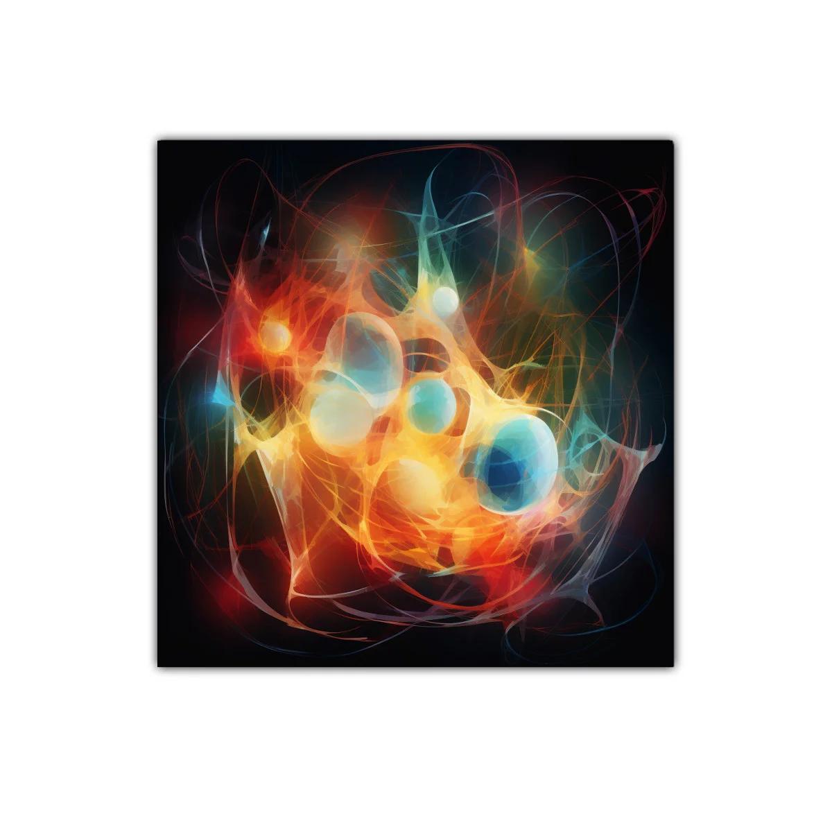 Cuadro abstracto con esferas vibrantes y líneas dinámicas