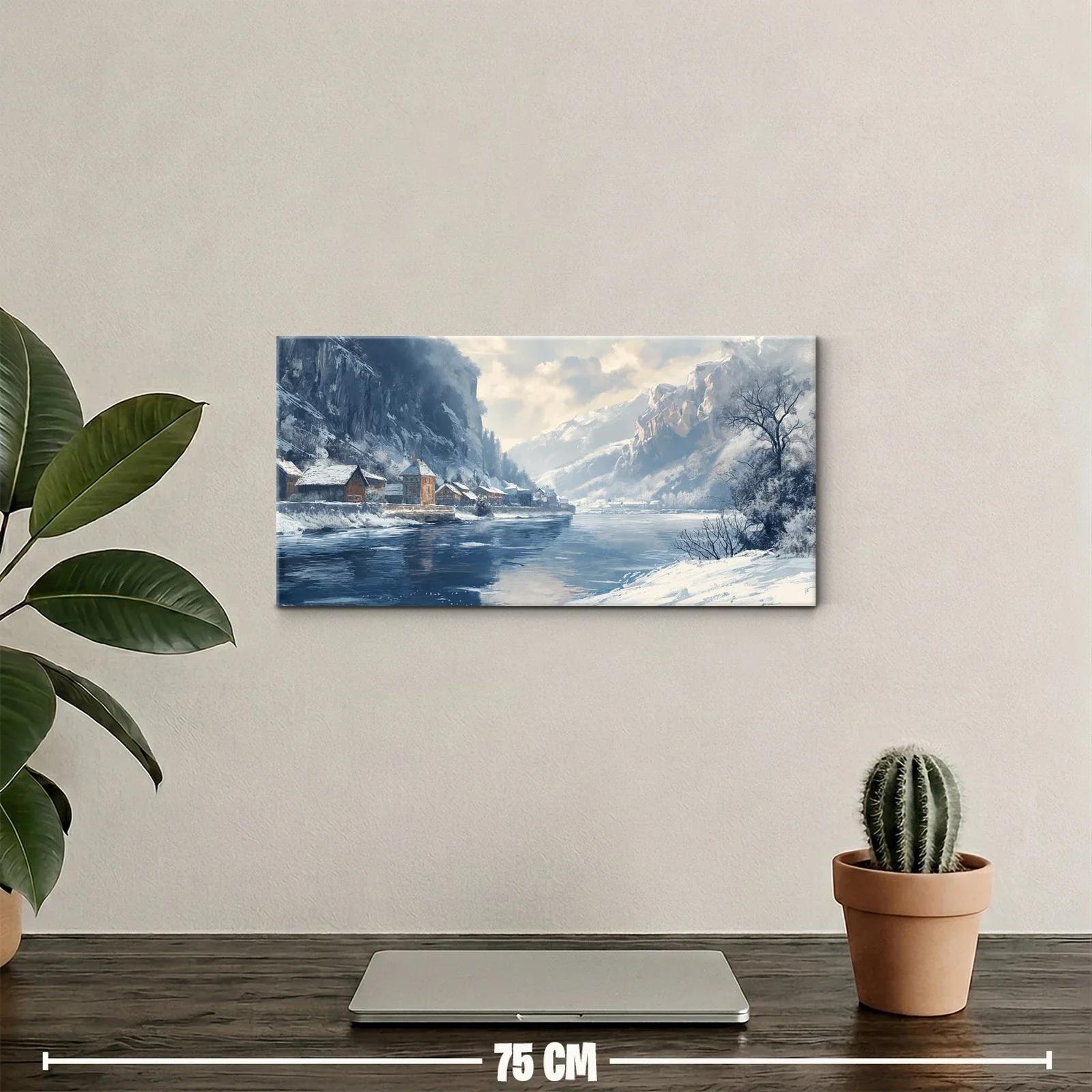 Cuadro paisaje nevado con lago cabañas y árbol desnudo — miniatura 2