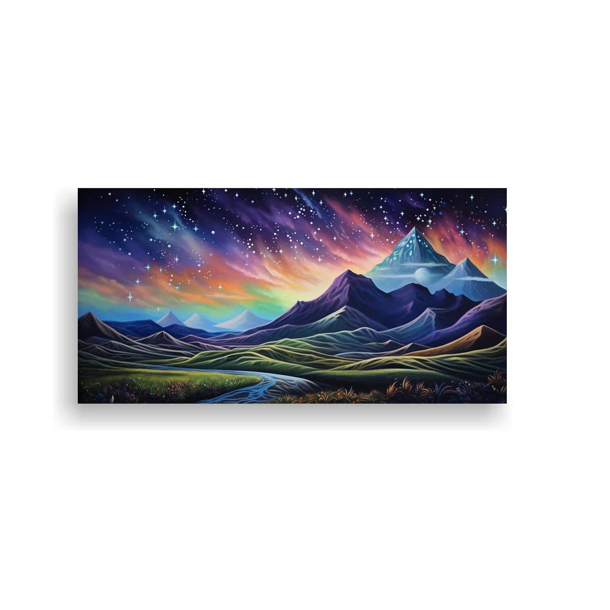 Cuadro paisaje de montañas bajo aurora boreal con riachuelo