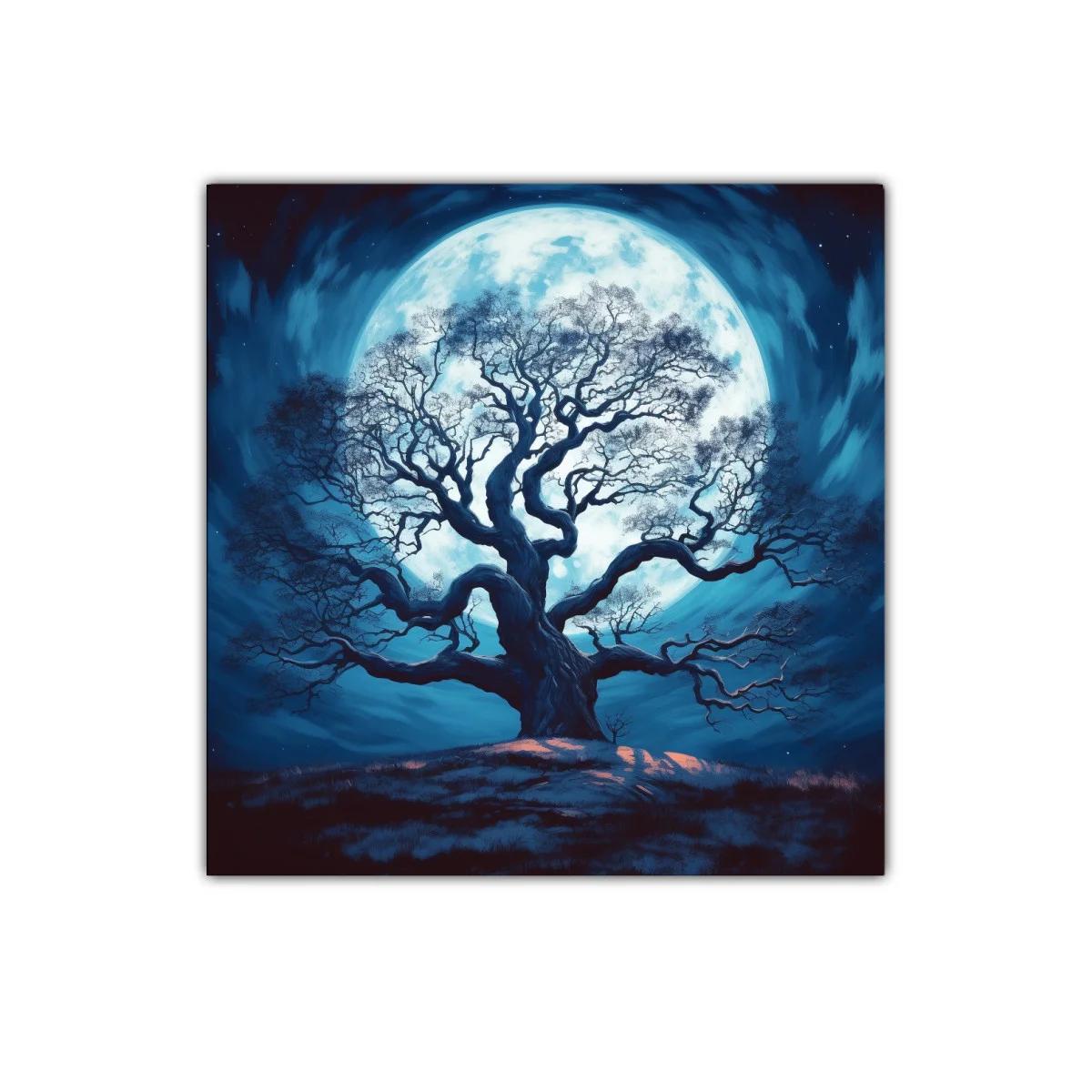 Árbol solitario frente a luna llena azul vibrante