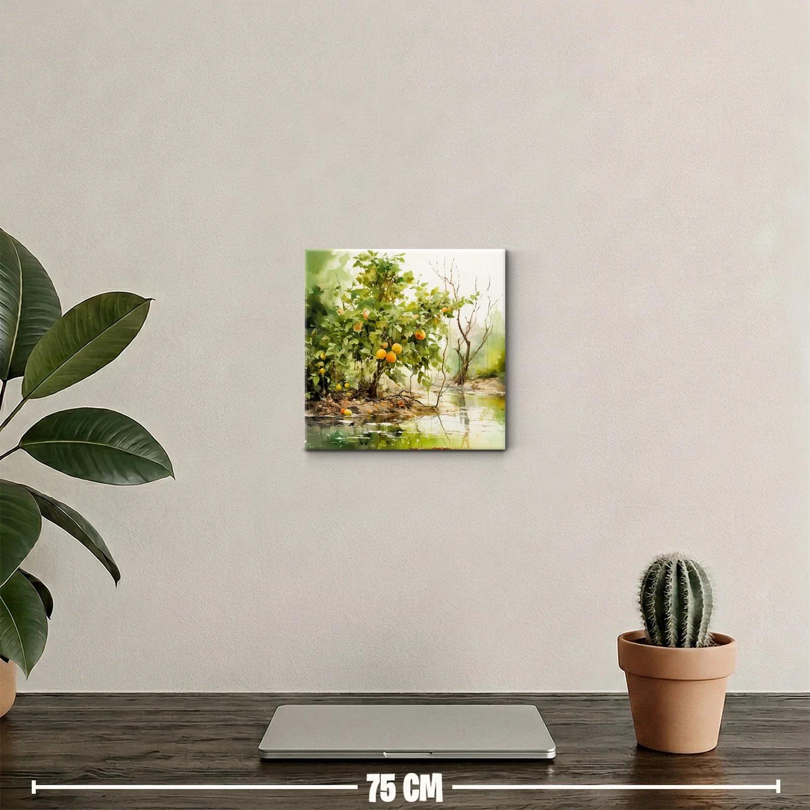 Cuadro paisaje natural con árboles y frutos en tonos verdes y naranjas — miniatura 2