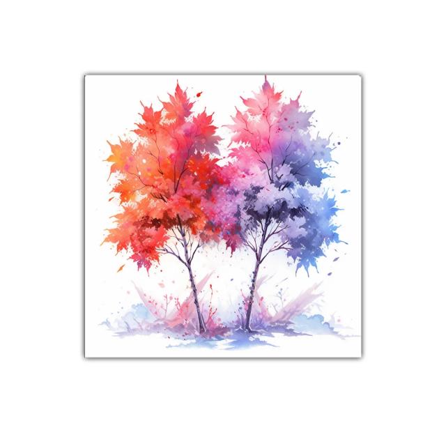 Cuadro decorativo con árboles en vibrantes tonos rojos y morados
