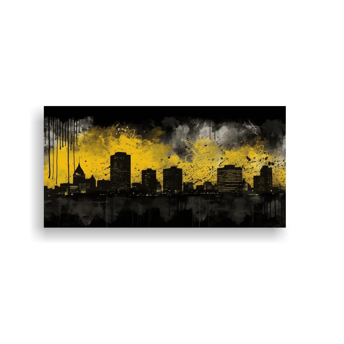 Cuadro skyline urbano en silueta mostaza y negro