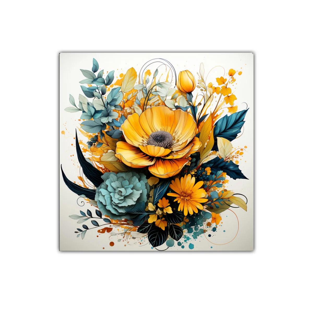 Cuadro floral vibrante con tonos amarillos y verdes azules