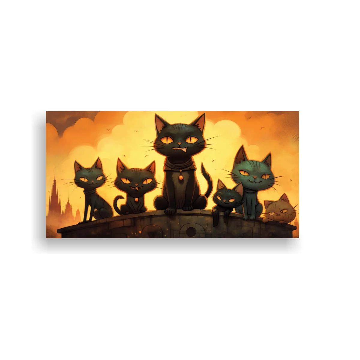 Cuadro grupo de gatos negros y un gato azul verdoso sobre borde — imagen principal