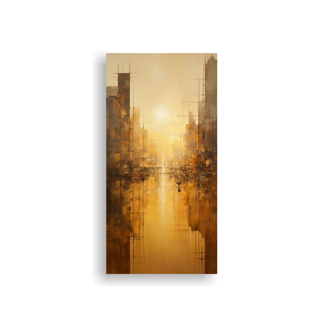 Cuadro calle urbana al atardecer con reflejos dorados
