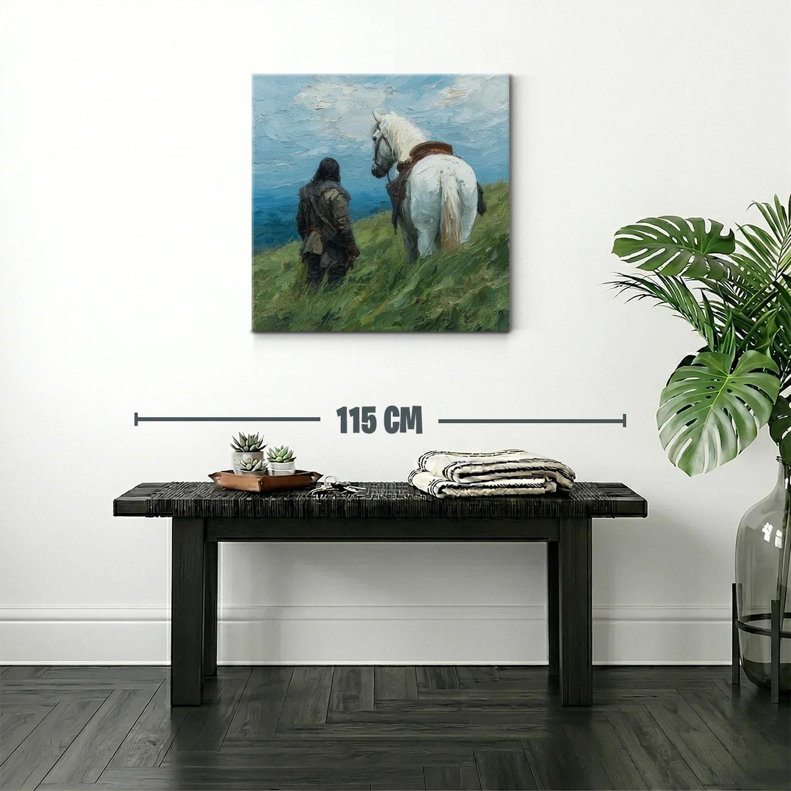 Escena Campestre con Jinete y Caballo Blanco en Paisaje Abierto — miniatura 2