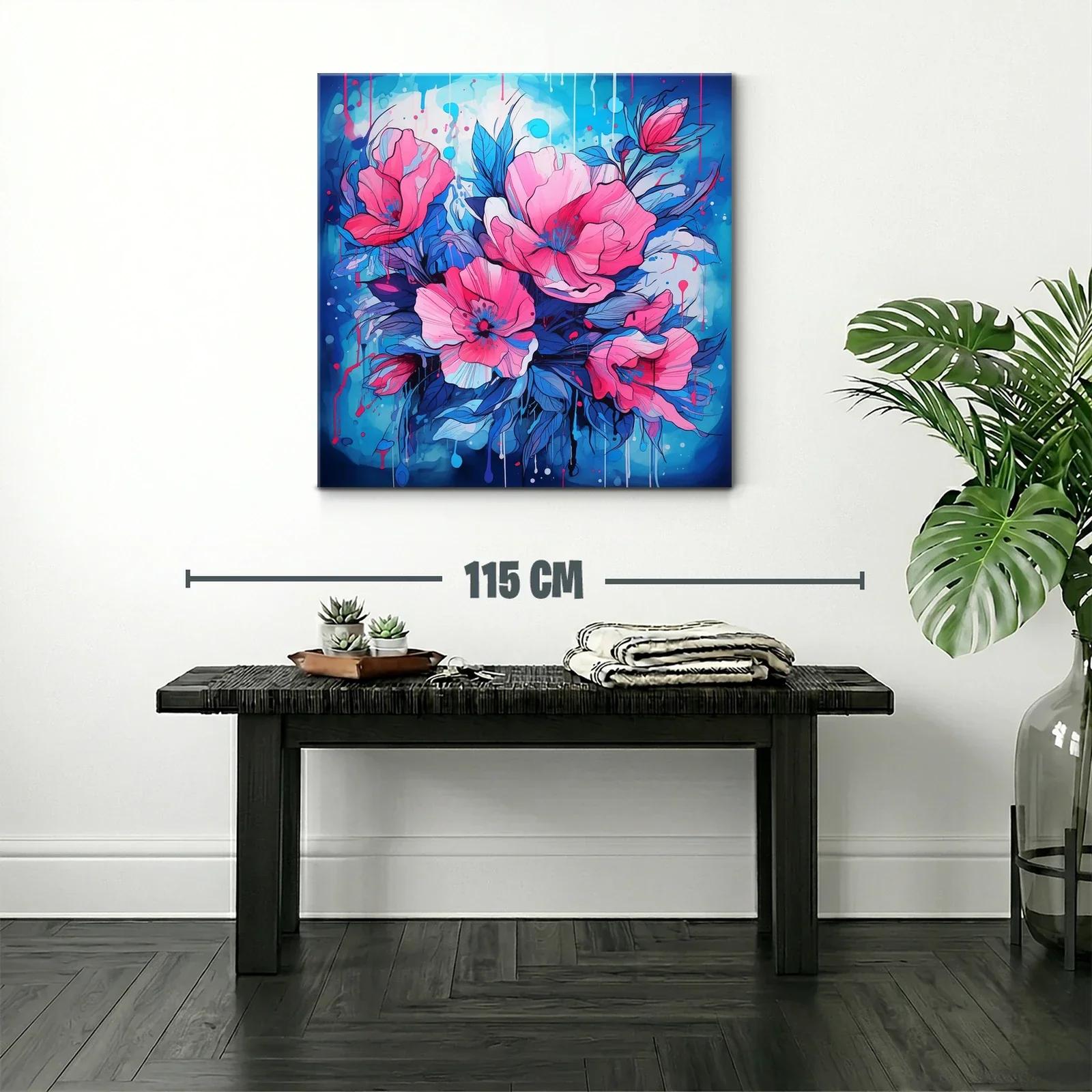 Cuadro vibrante con flores rosas y azul eléctrico — miniatura 2