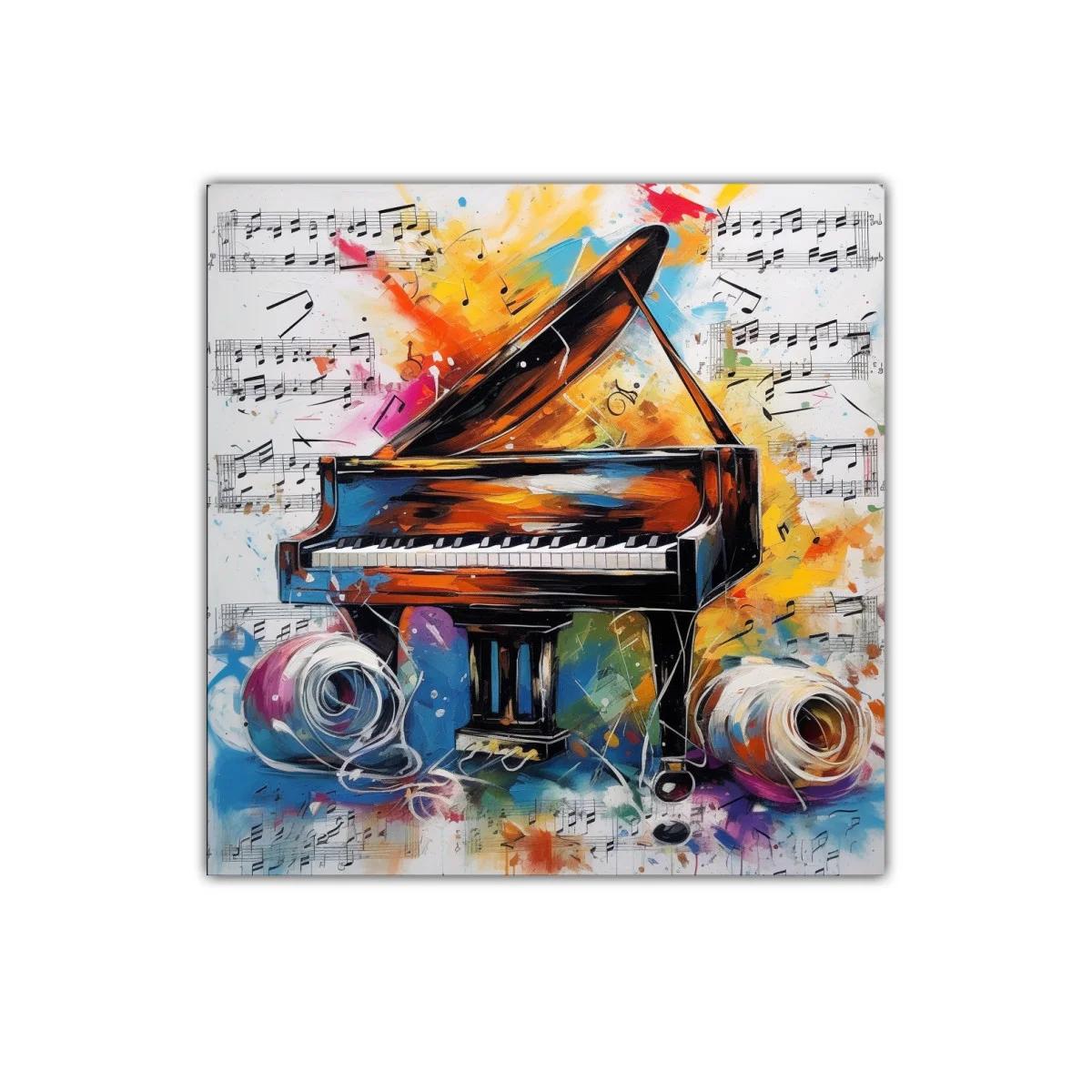 Cuadro vibrante de piano con notas musicales coloridas — imagen principal