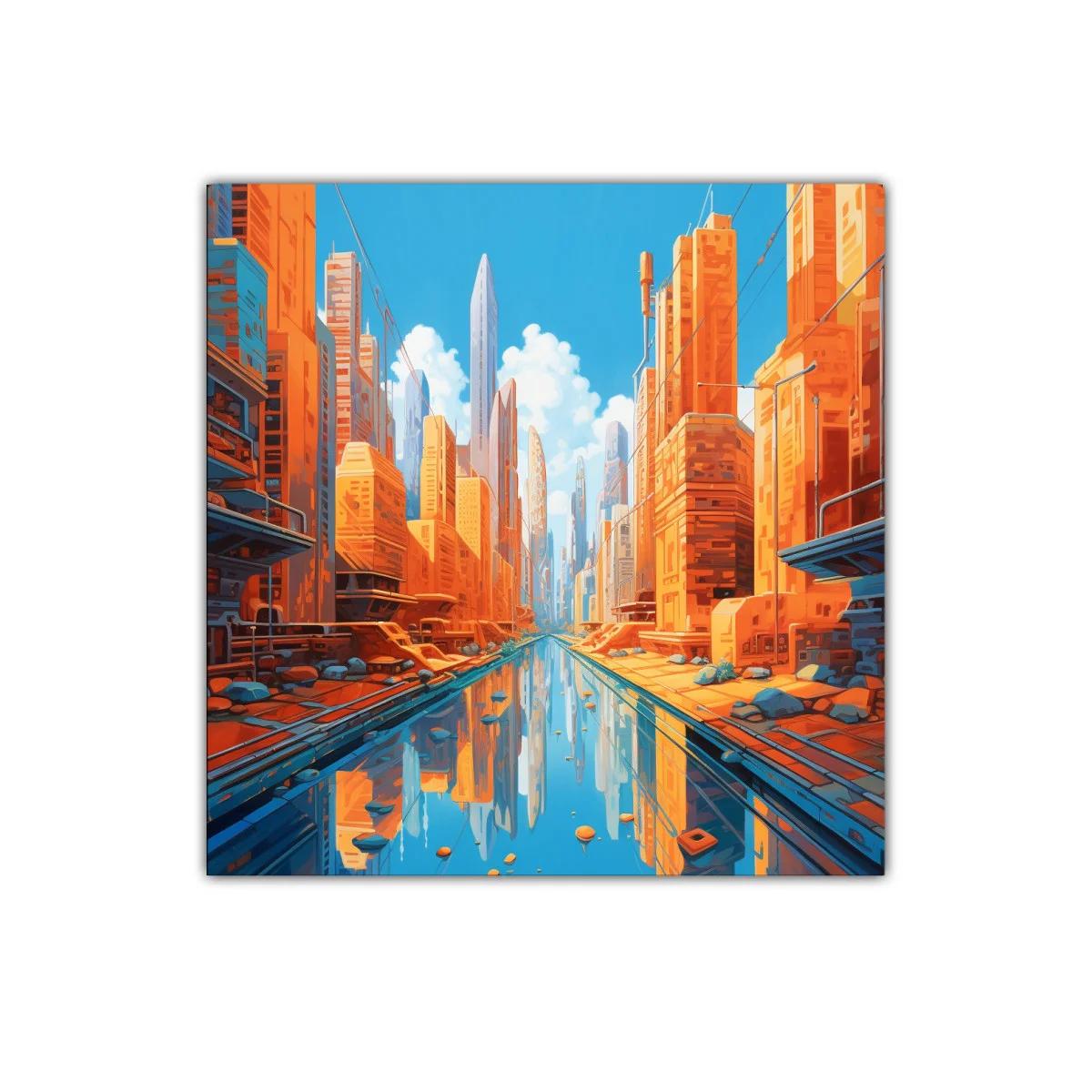 Panorama urbano vibrante con reflejos en canal central