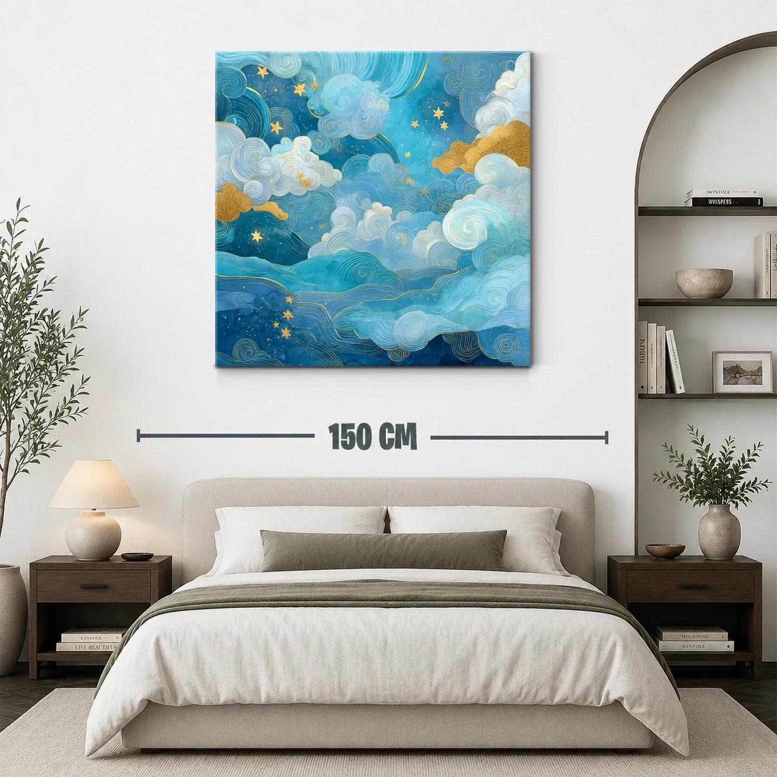 Cuadro abstracto de cielo estrellado con nubes doradas — miniatura 3