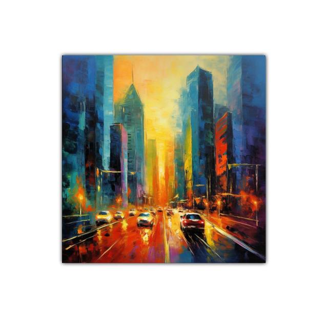 Atardecer vibrante en ciudad urbana con tráfico iluminado