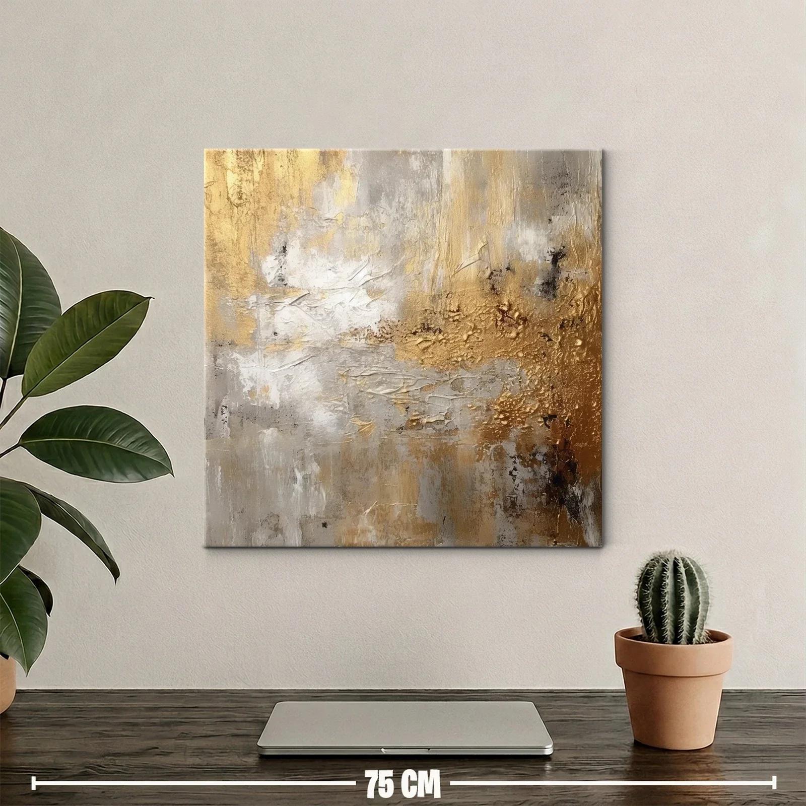 Cuadro abstracto en tonos dorados y grises con textura rica — miniatura 2