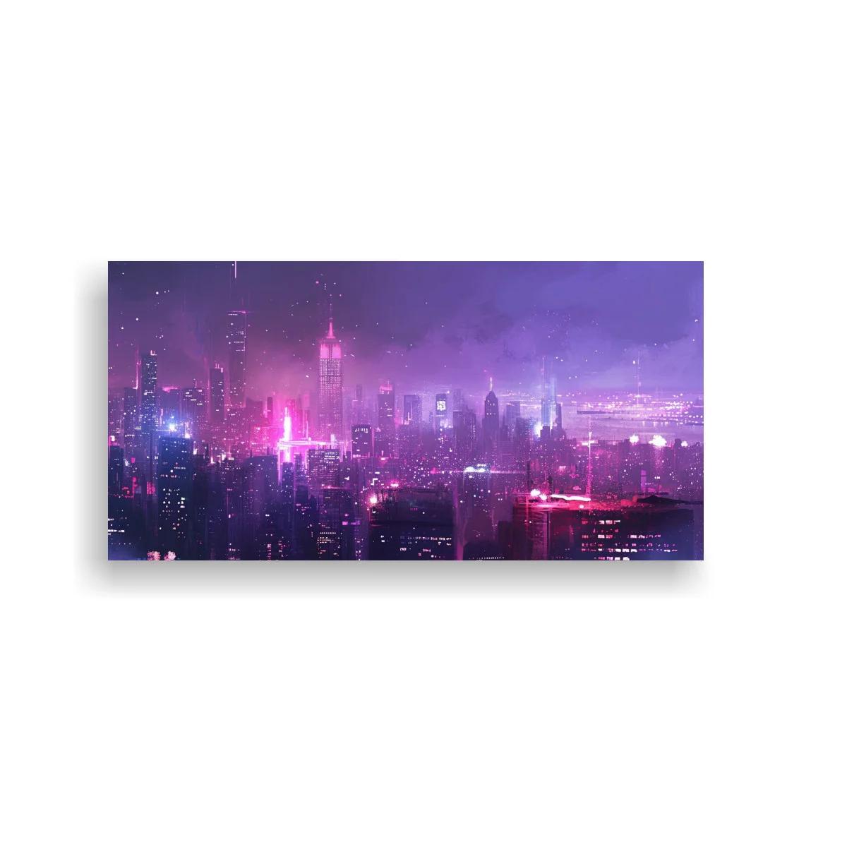 Cuadro skyline urbano nocturno con neón rosa y reflejos