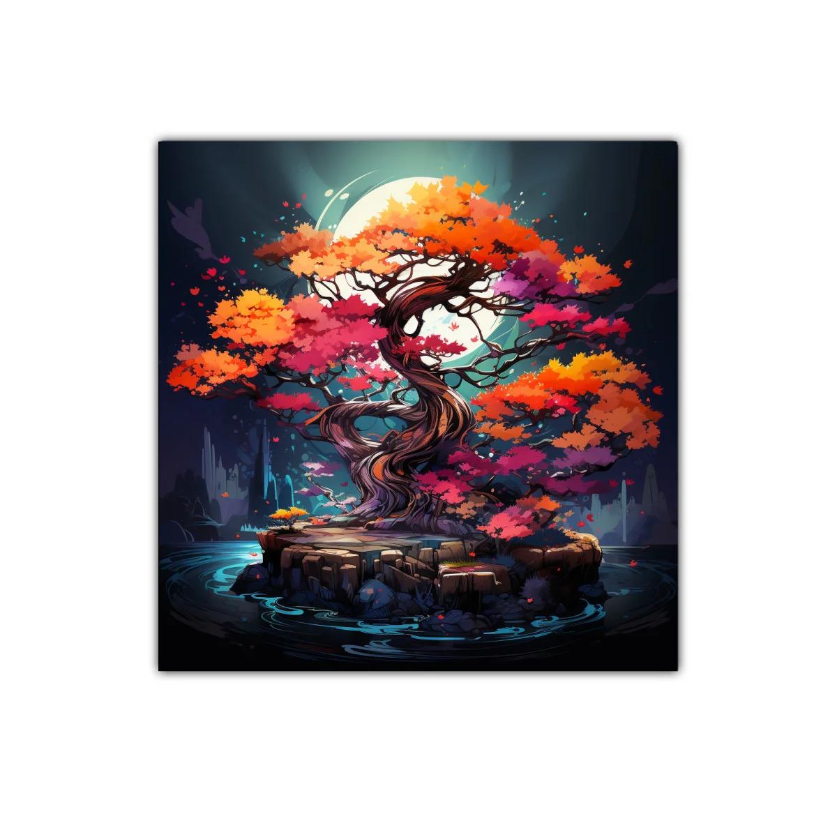 Árbol colorido iluminado por la luna en isla rocosa — imagen principal