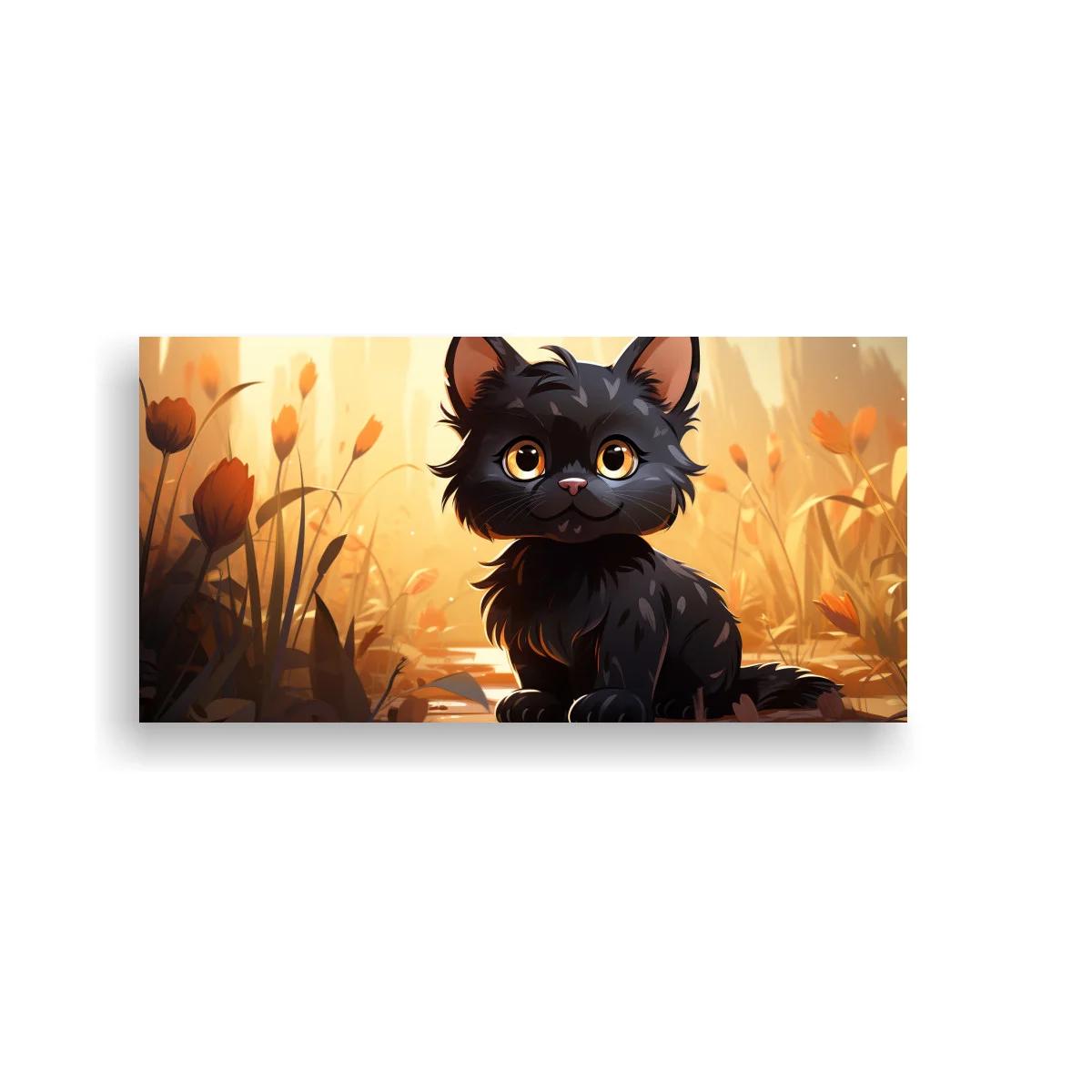 Cuadro gatito negro de ojos grandes con flores y luz de atardecer