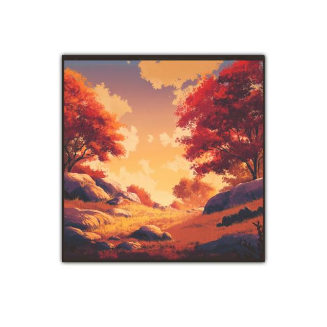 Paisaje otoñal con luz cálida y árboles rojos intensos