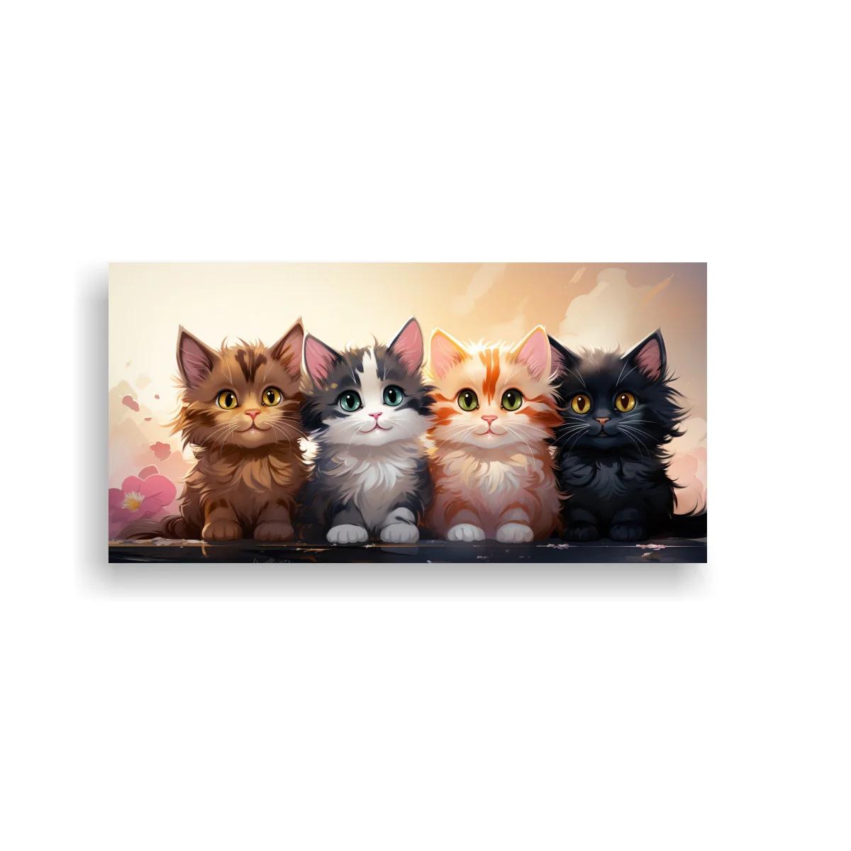 Cuadro de cuatro gatitos peludos con fondo suave y desenfocado