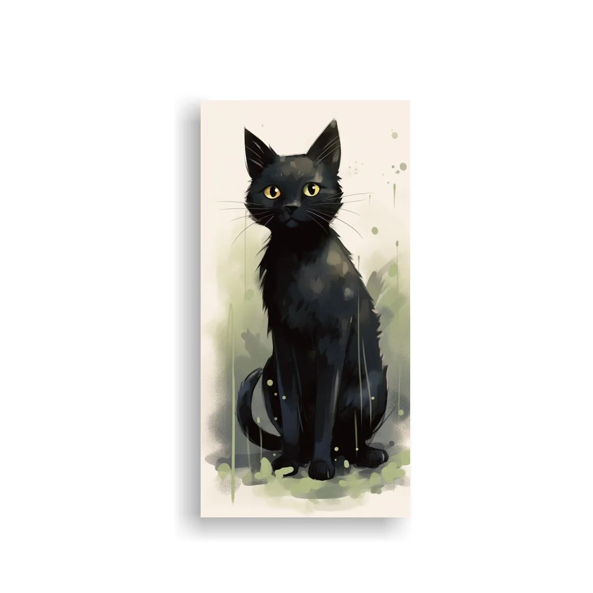 Cuadro gato negro con ojos amarillos y cola curvada