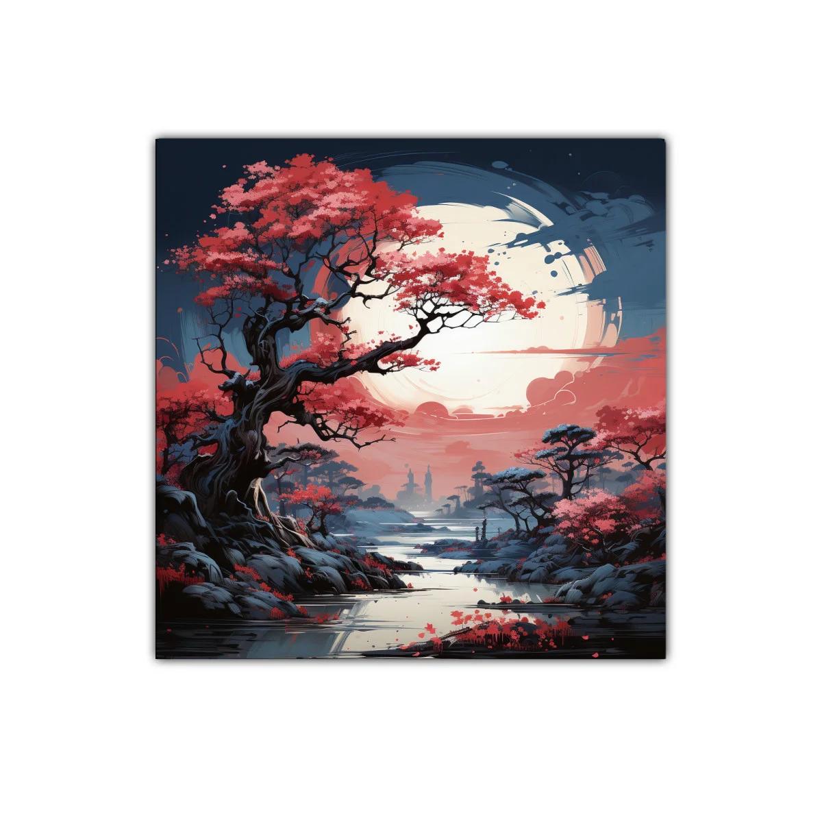 Paisaje mágico con árboles rojizos bajo luna llena