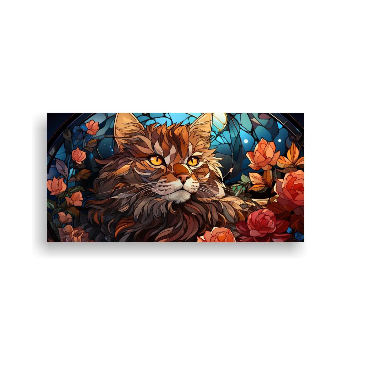 Cuadro gato de pelo largo atigrado con flores y arco tipo vitral — imagen principal