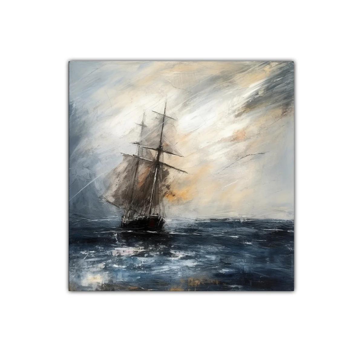 Velero en mar tempestuoso con cielo nublado y luz tenue
