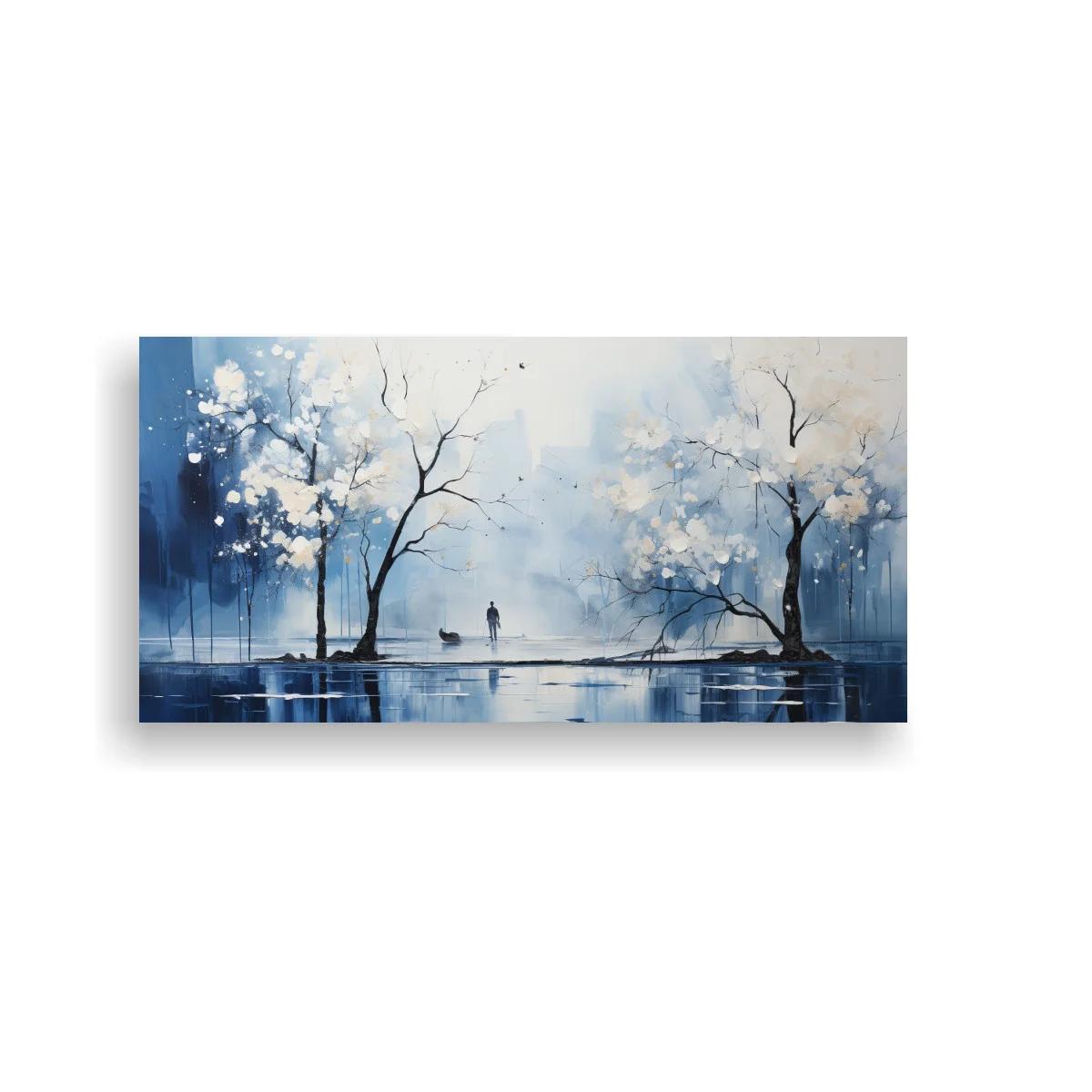 Cuadro paisaje con árboles en flor y bruma sobre el agua — imagen principal