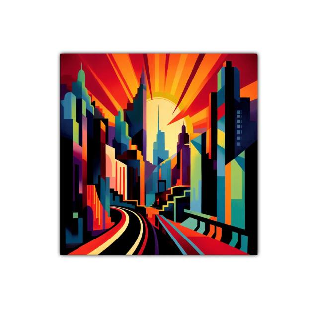 Vibrante paisaje urbano con amanecer geométrico y colorido