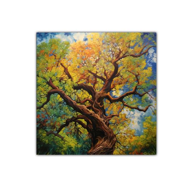 Árbol exuberante con hojas coloridas y cielo azul vibrante