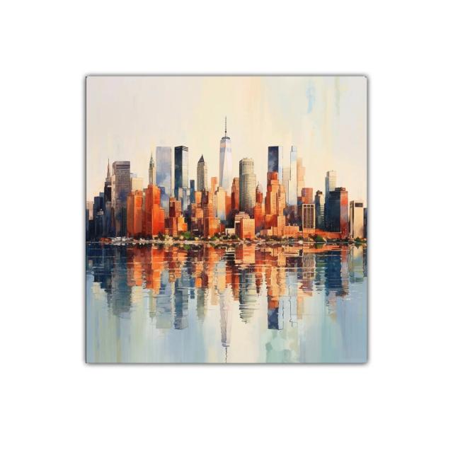 Atardecer sobre el horizonte urbano con reflejo en agua