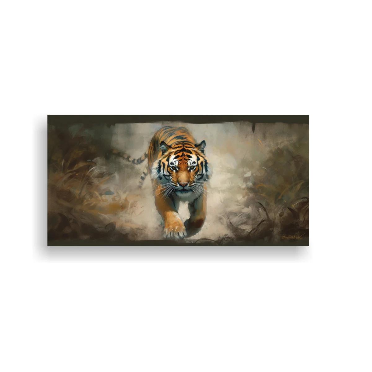 Cuadro tigre de frente con atmósfera brumosa