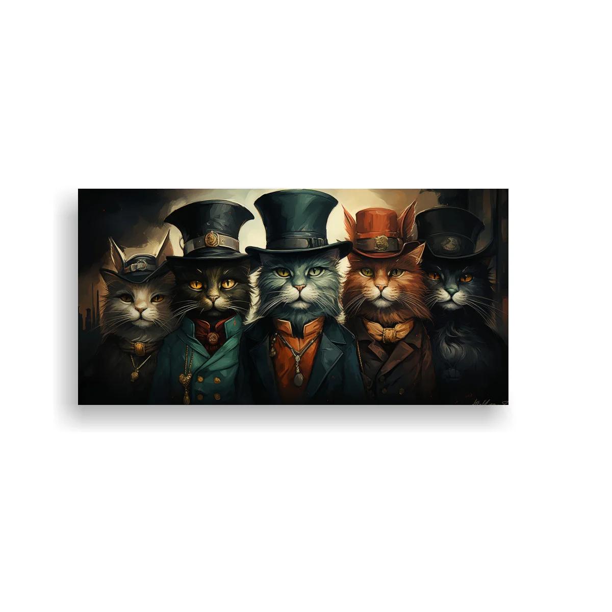Cuadro cinco gatos con sombrero de copa y corbata