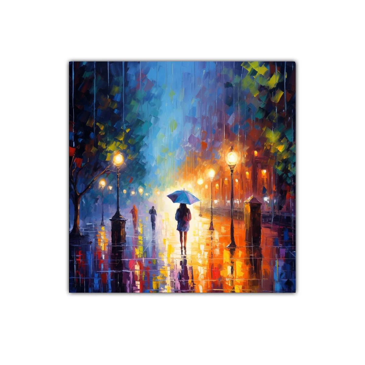 Camino urbano nocturno con luces y lluvia vibrante — imagen principal