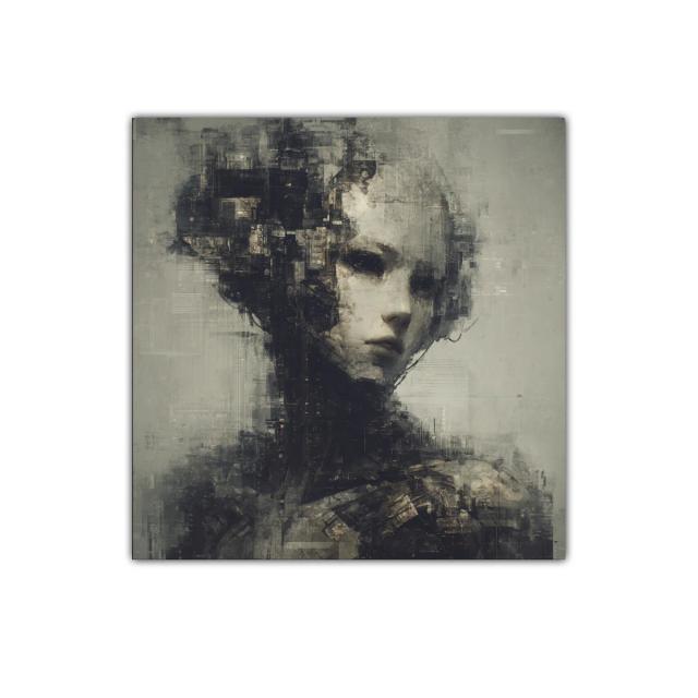 Retrato abstracto en tonos grises con detalles mecánicos