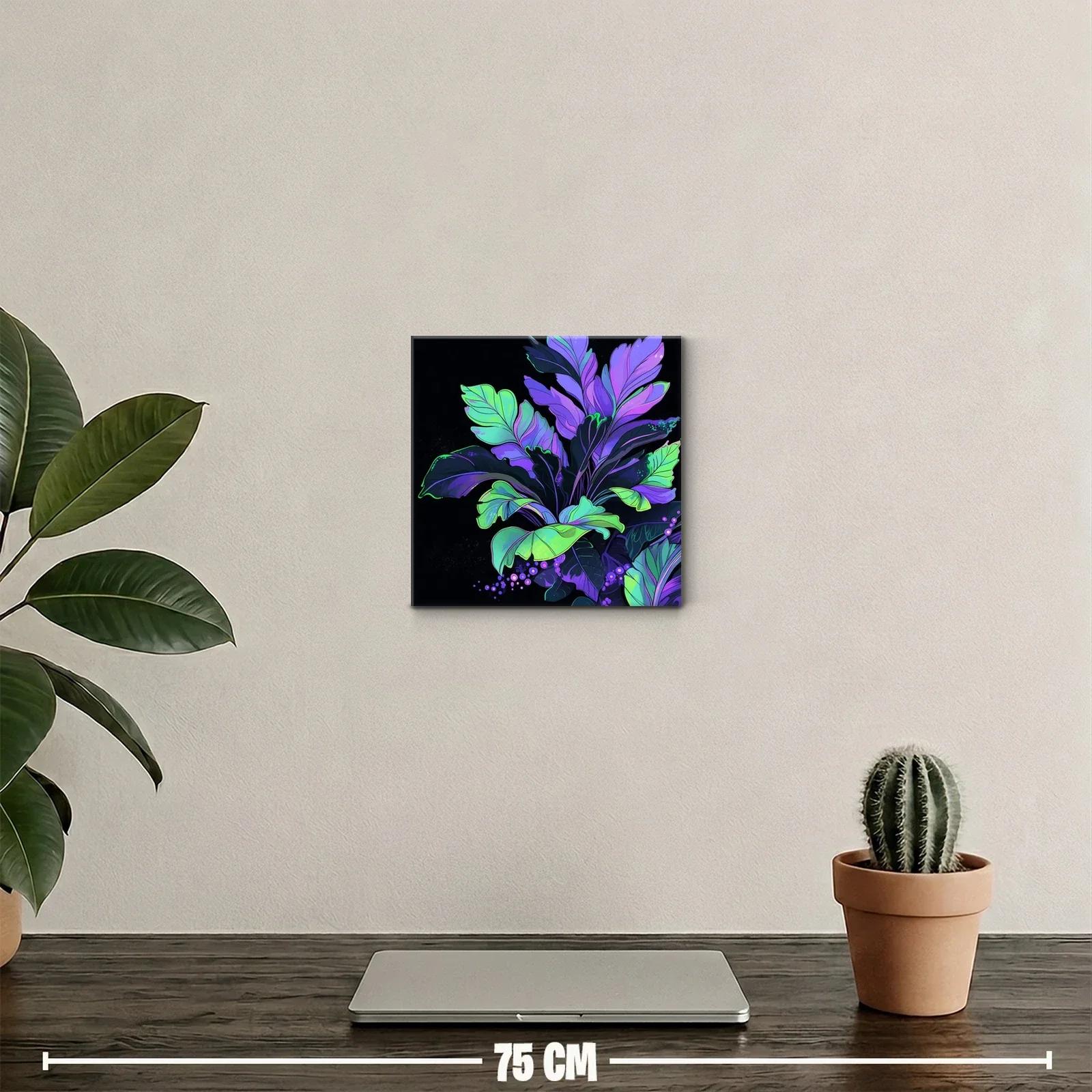 Cuadro decorativo con hojas vibrantes en tonos morados y verdes — miniatura 2