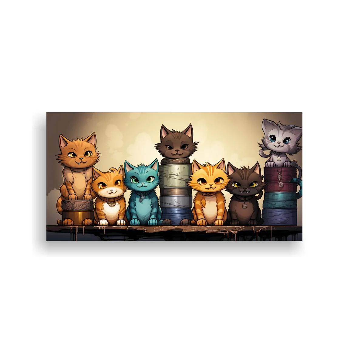 Cuadro gatitos sentados con ovillos de lana apilados
