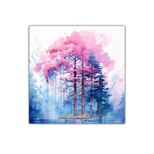 Bosque mágico con árboles en tonos rosa y azul